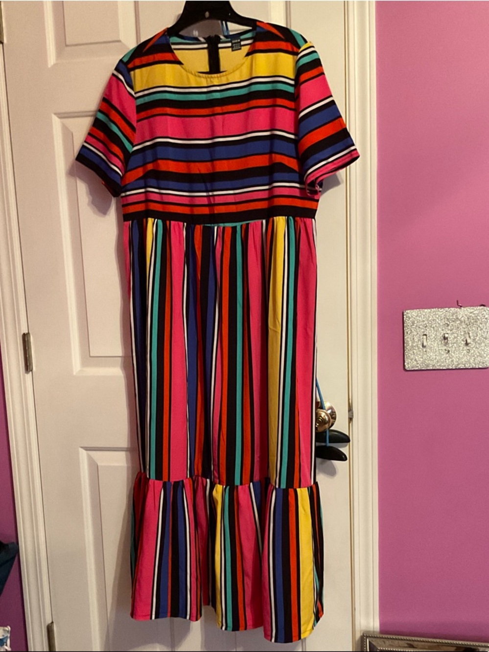 SHEIN Bright Multicolor Striped Midi Dress with Ruffle Hem